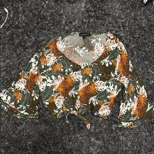 Green and Orange Bell Sleeve Crop Blouse